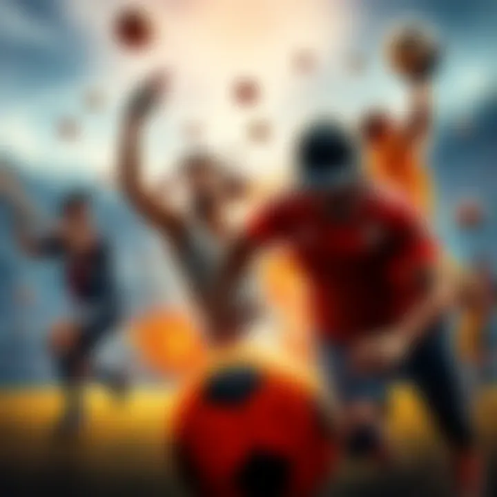 Exciting Sports Action Players engaged in various sports activities like baseball, basketball, and soccer showcasing high energy and excitement