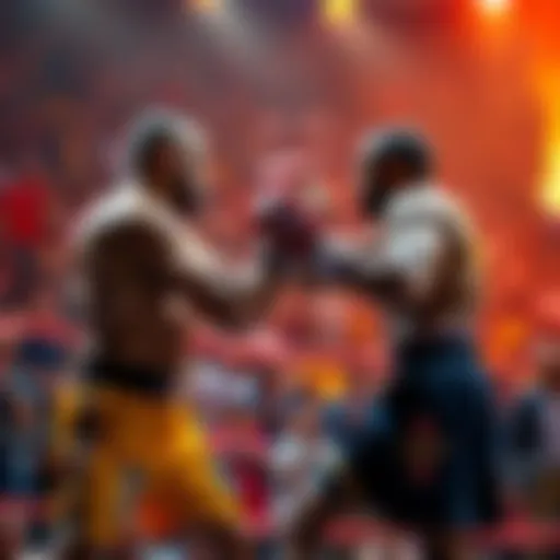 Two fighters engaged in an intense standup battle, showcasing their skills and determination, with a crowd cheering in the background.