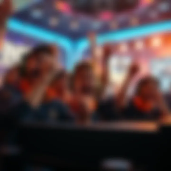 A group of excited players celebrating a big win in a gaming environment, showing joy and disbelief on their faces.