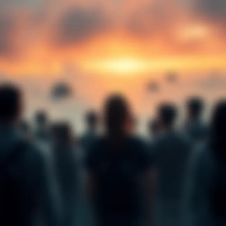 A group of people looking towards a foggy horizon, symbolizing uncertainty about the future.