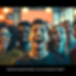 A group of diverse people expressing various emotions, showcasing joy, sadness, and surprise in a vibrant setting.