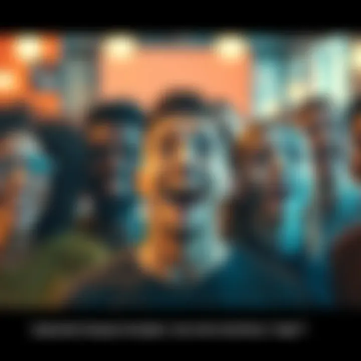 A group of diverse people expressing various emotions, showcasing joy, sadness, and surprise in a vibrant setting.