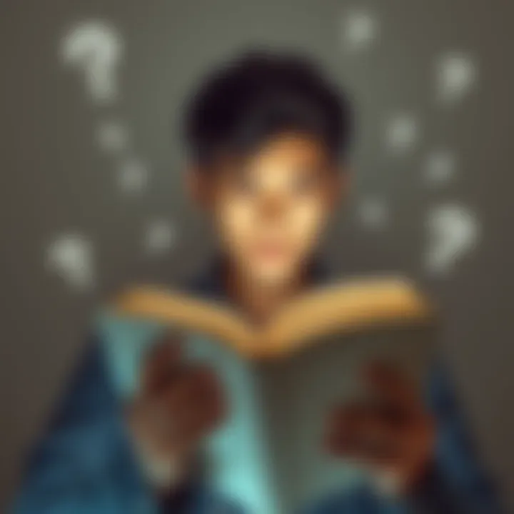 Exploring Familiar Themes A person reading a book with a thoughtful expression, surrounded by floating question marks, indicating curiosity and exploration of familiar topics.