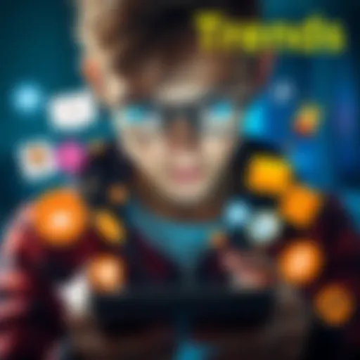 A person looking at a smartphone with various trend icons around them, representing online offers and fads.