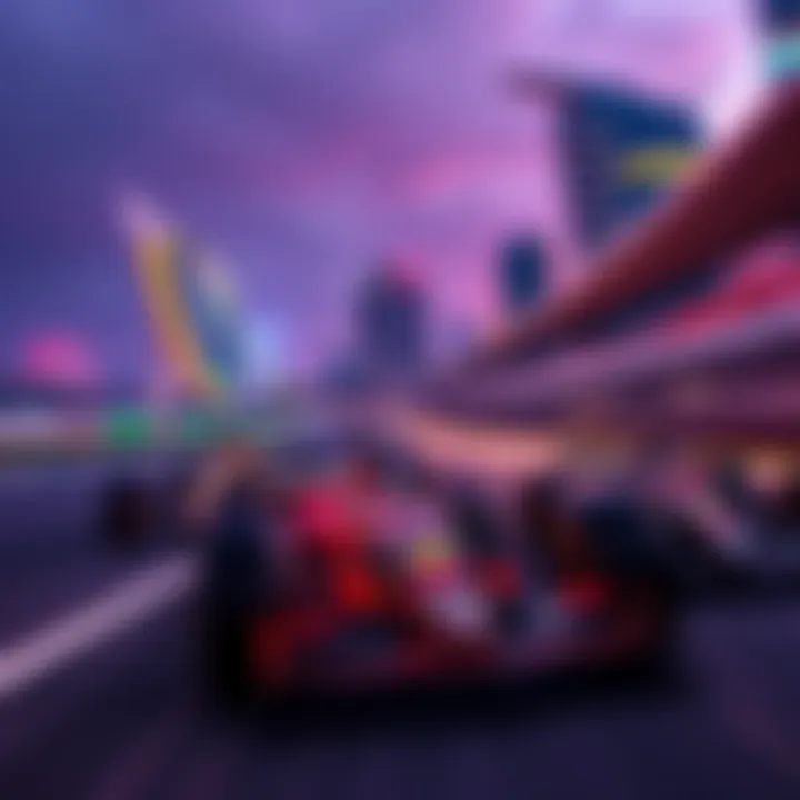 Race cars speeding on the Miami F1 track with vibrant city skyline in the background