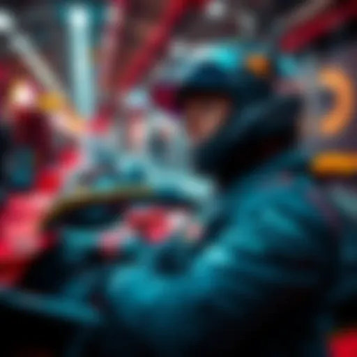 A Formula 1 driver practicing breathing techniques in a pit stop, focused and calm before a race