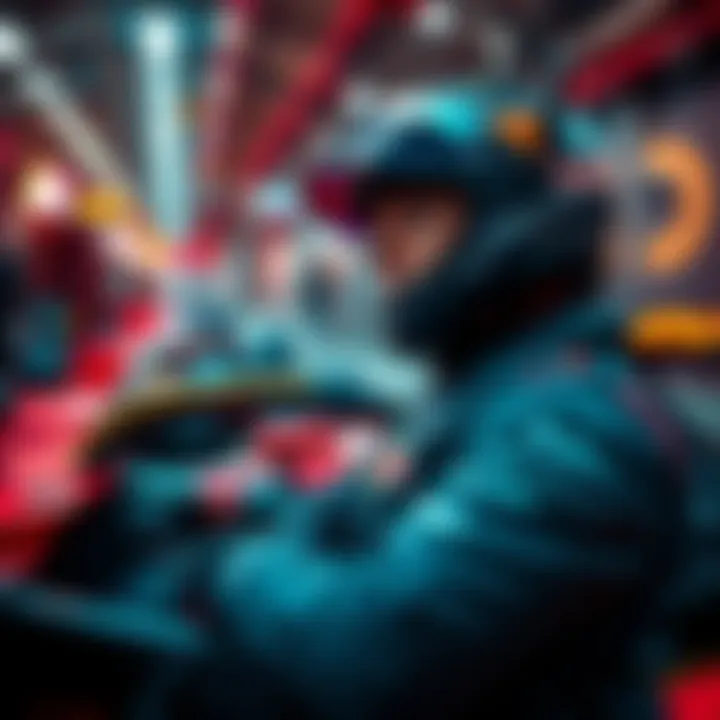 A Formula 1 driver practicing breathing techniques in a pit stop, focused and calm before a race