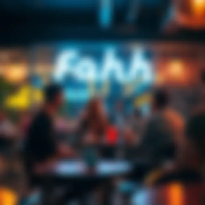 A group of people discussing the meaning of the term 'Fahhh' in a trendy cafe setting.