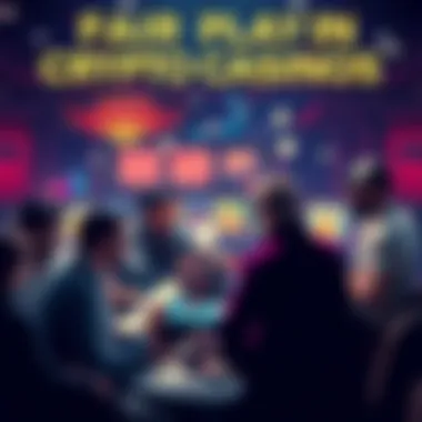A group of people discussing fairness in cryptocurrency casino games, surrounded by gaming elements like cards and chips.