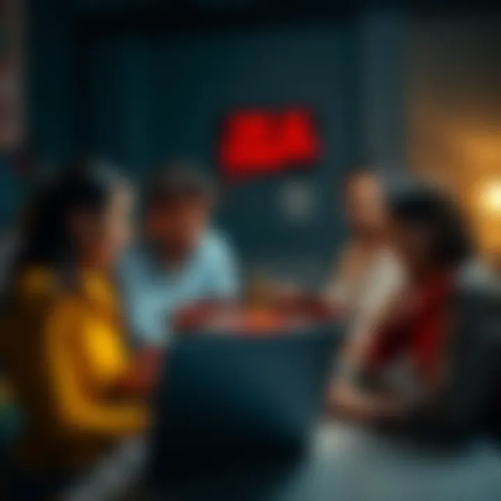 A group of people discussing online roulette apps, expressing frustration over unfair games in a light-hearted setting, with a laptop displaying a roulette wheel on the screen.