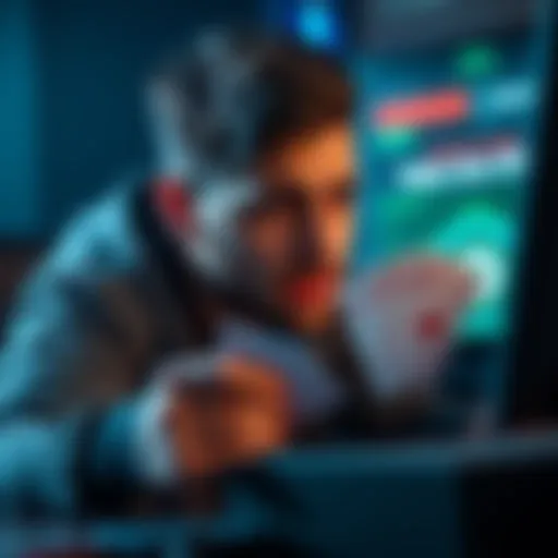 A concerned gamer looking at computer screen with cards and a shocked expression, representing fake aces in the gaming world