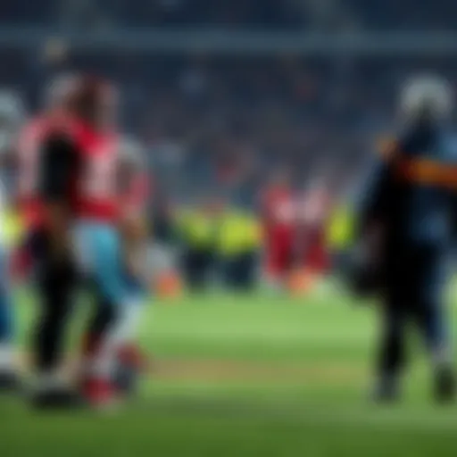 Players and medical staff on the field after a serious injury disrupted the game between Falcons and Lions.