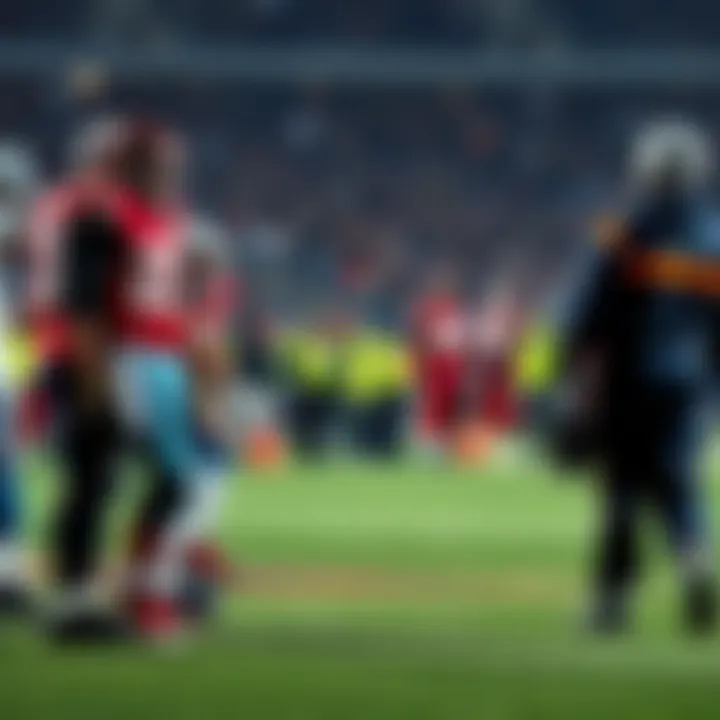Players and medical staff on the field after a serious injury disrupted the game between Falcons and Lions.