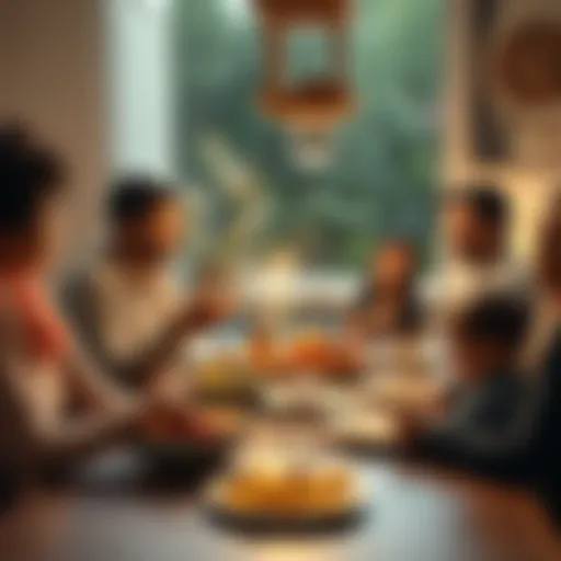 A happy family gathered around a table, sharing food and expressing gratitude during ThanksPicking celebration.