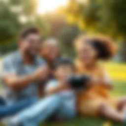 A joyful family playing together in a park, smiling and enjoying their first weekend without gaming.