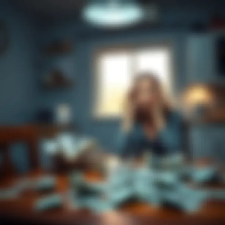 A woman looking worried while sitting at a kitchen table with bills scattered around, representing the impact of her partner's gambling addiction on their family finances.