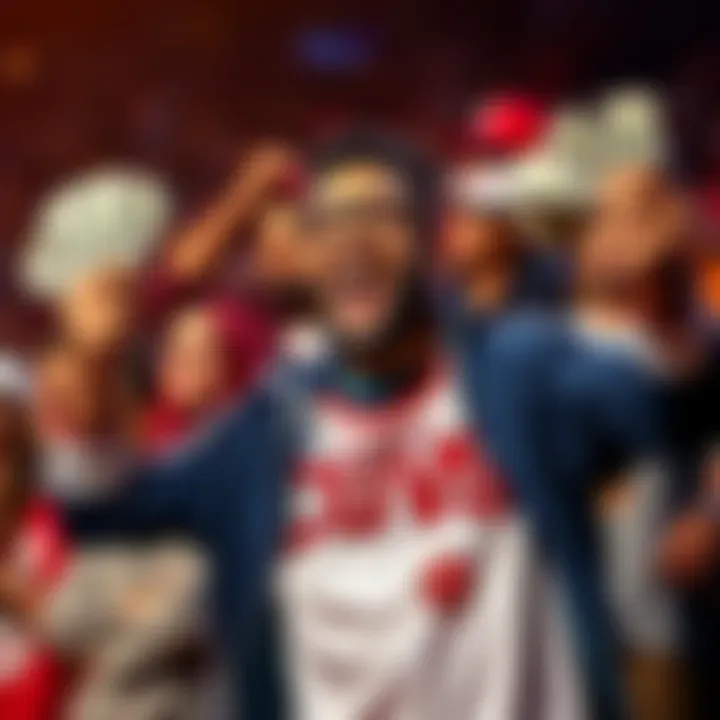 A basketball fan celebrating after converting a 3-point bonus into $600, wearing team colors and holding cash in excitement.