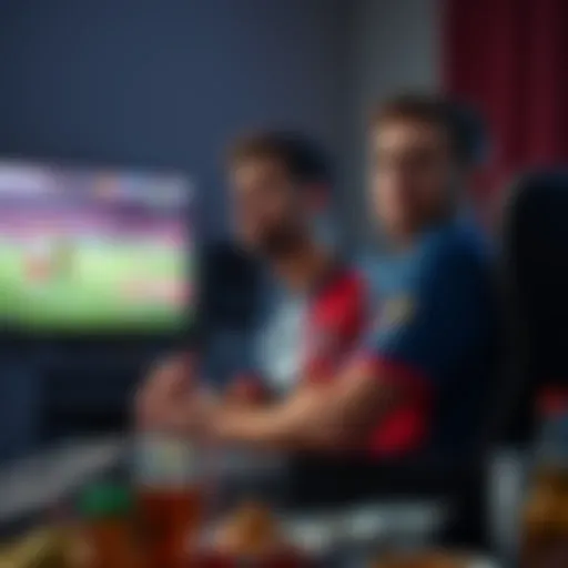 A soccer fan sits in front of a TV, showing a tense expression while wearing a French national team jersey, surrounded by snacks and drinks, contemplating the match.