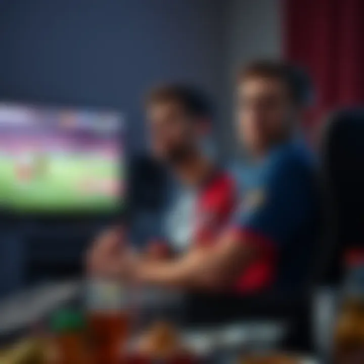 Fan Watching World Cup A soccer fan sits in front of a TV, showing a tense expression while wearing a French national team jersey, surrounded by snacks and drinks, contemplating the match.