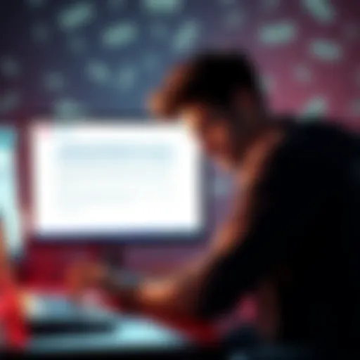 A frustrated person sitting in front of a computer, looking at a message about their FanDuel account being deactivated after making a joke, with money symbols in the background.