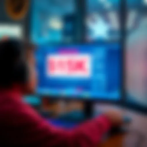A worried individual looking at a computer screen showing a hacked account notification.