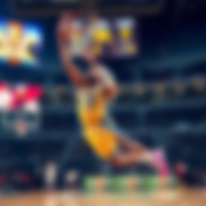 Allen playing basketball, scoring points for Fanduel, with a scoreboard in the background showing the game conclusion