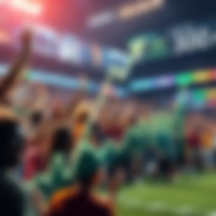 Graph showing rising odds on the FanDuel platform, with excited sports bettors in the background.