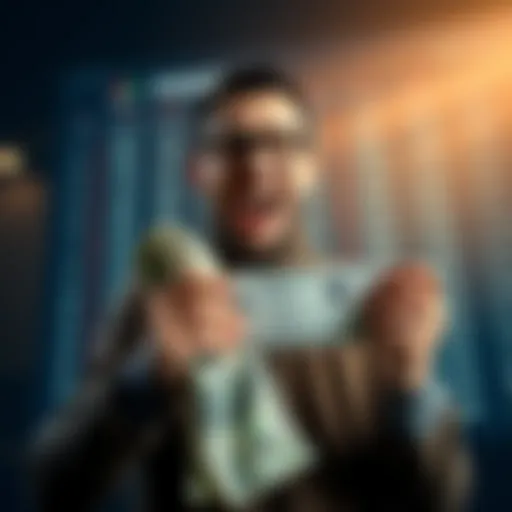 A person celebrating a big win while holding cash and a betting slip, with a background showing a digital display of sports scores and odds.
