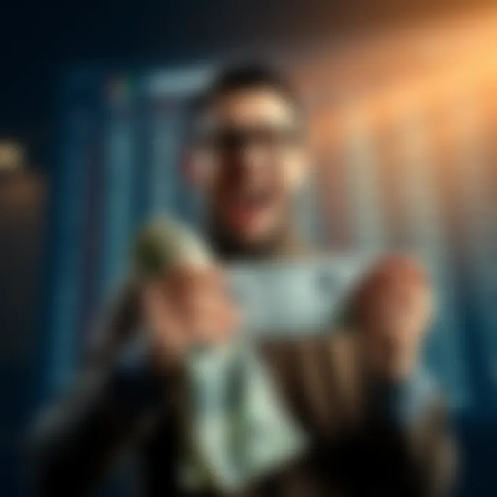 A person celebrating a big win while holding cash and a betting slip, with a background showing a digital display of sports scores and odds.