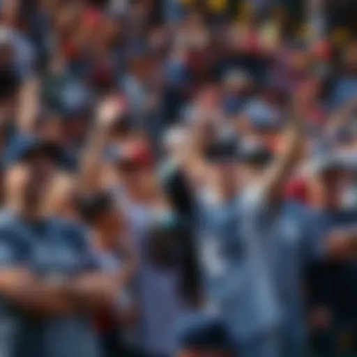 Crowd of passionate baseball fans wearing Yankees, Phillies, and Dodgers gear, cheering during a game