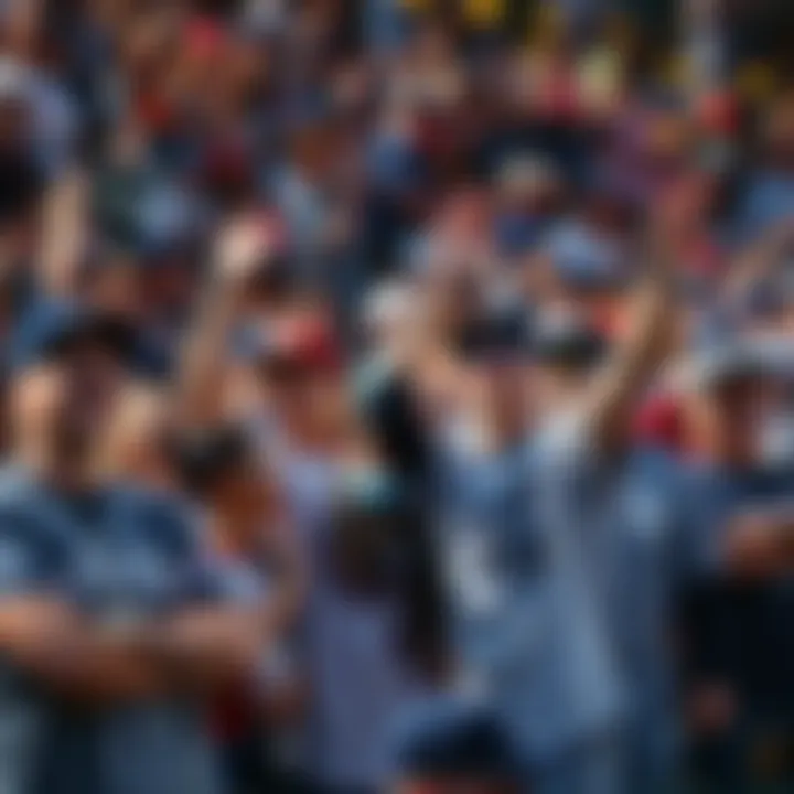 Crowd of passionate baseball fans wearing Yankees, Phillies, and Dodgers gear, cheering during a game