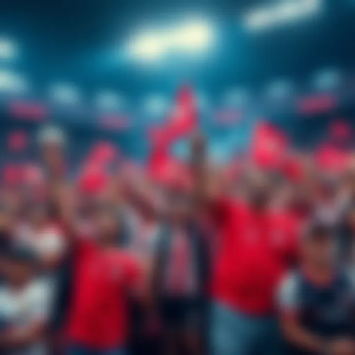 A crowd of excited fans wearing team colors, waving flags, and cheering in a stadium filled with energy for an upcoming football game.