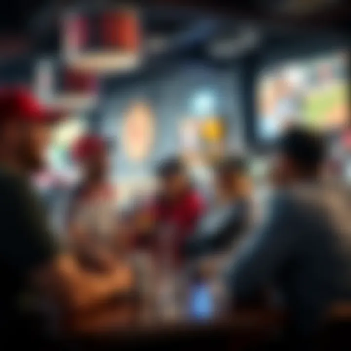 A group of baseball fans sharing laughs and discussing the Red Sox performances at a sports bar, reflecting on recent games.