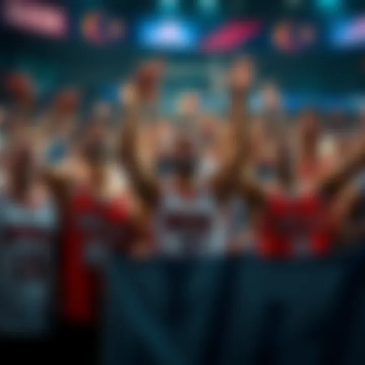 A group of basketball fans cheering loudly while wearing NBA team jerseys and holding banners