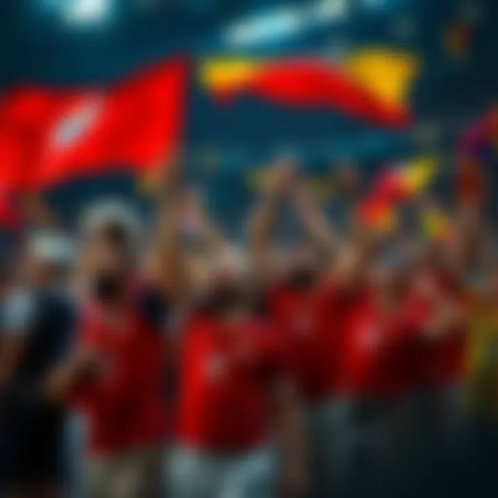 Fans celebrating a World Cup match Excited fans cheering and waving flags during a thrilling World Cup match