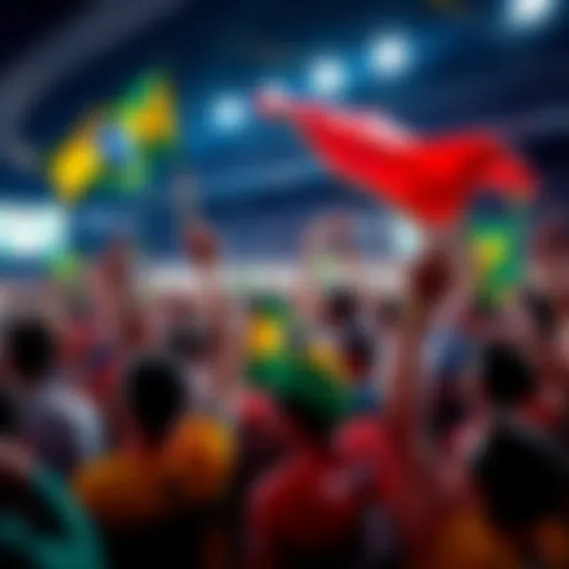 Energetic crowd of fans wearing team colors, waving flags and showing support for their team during the last game