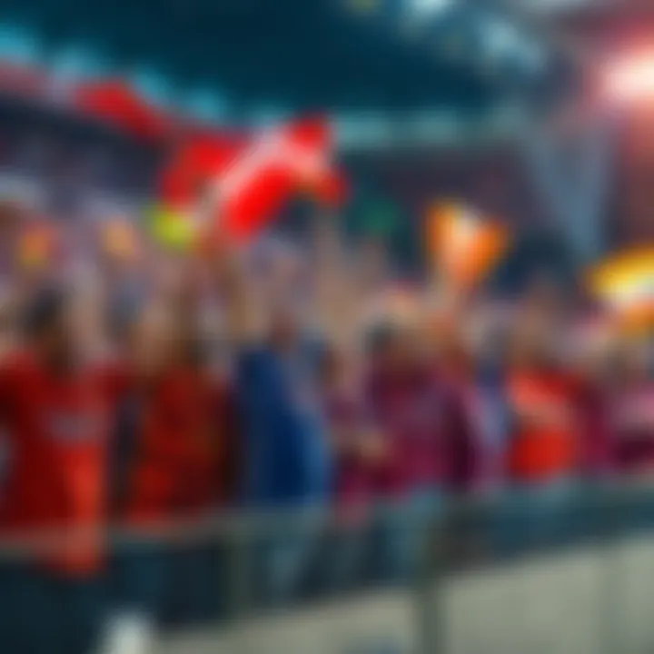 Fans cheering for a team A group of excited fans wearing team jerseys, cheering and waving flags in a lively stadium atmosphere during a crucial game moment