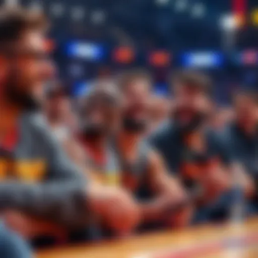 A group of basketball fans laughing and discussing during a preseason game, surprised by the PrizePicks rule changes