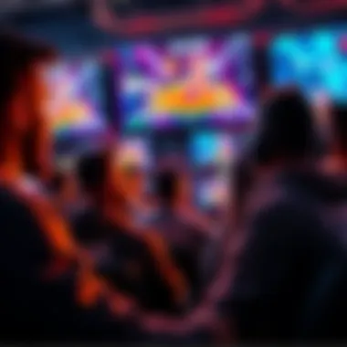 A group of fans intensely watching high-stakes HCL streams on multiple screens with excitement on their faces