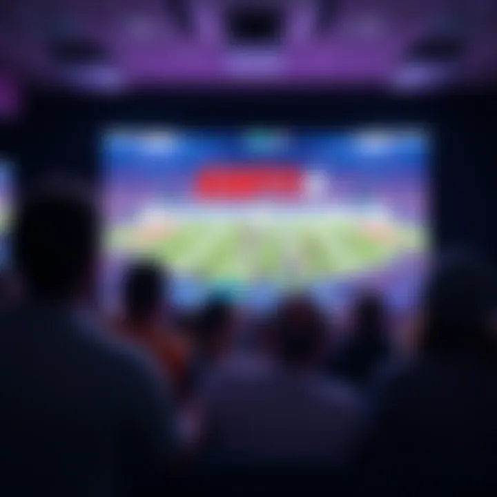 A group of excited fans watching a live sports event on a large TV screen, with ESPN+ logo visible