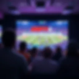 Fans Watching Sports on ESPN+ A group of excited fans watching a live sports event on a large TV screen, with ESPN+ logo visible