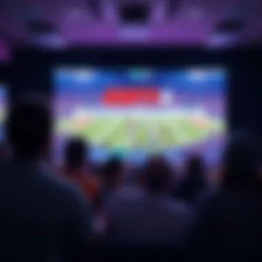 Fans Watching Sports on ESPN+ A group of excited fans watching a live sports event on a large TV screen, with ESPN+ logo visible