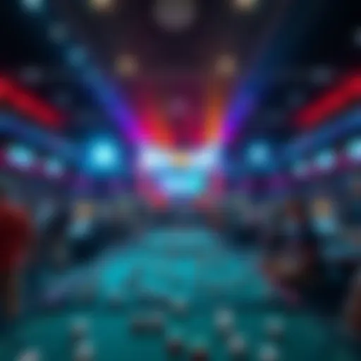 A crowded Borgata Stadium with people celebrating the last dice games, colorful lights illuminating the scene, and dice scattered on the tables.