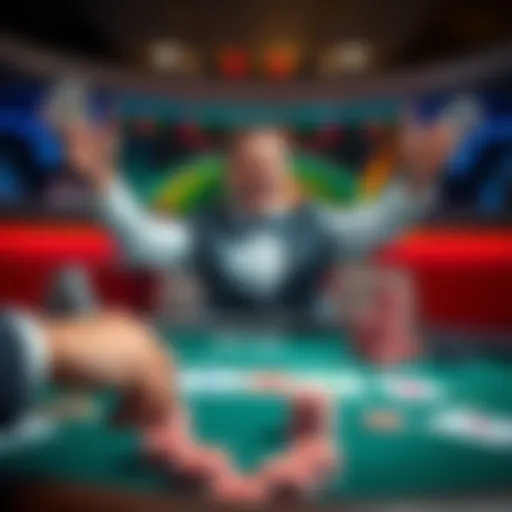 A player celebrates at a blackjack table with cards and chips after winning big, showcasing excitement and victory.