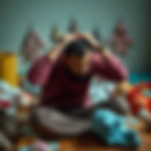 A man sitting on the floor with his head in his hands, looking overwhelmed. In the background, baby items are scattered, symbolizing the challenges of new parenthood and financial struggle.