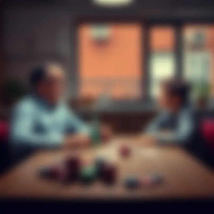 A father and son sit at a kitchen table, talking about the son's decision to leave law school for poker, with cards and chips in front of them.