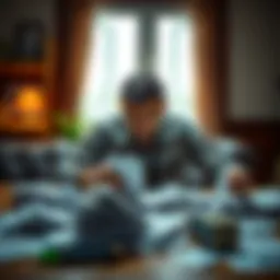 A worried father sits at a table surrounded by bills, looking stressed and anxious about his family's financial situation after losing his job.
