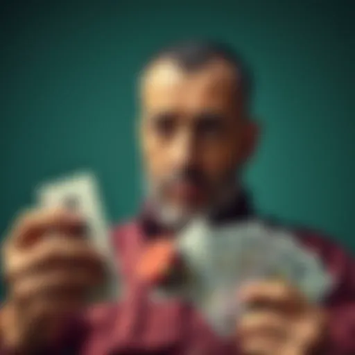 A father looks worried while holding bills and a poker chip, symbolizing financial difficulties and the impact of gambling on family life.