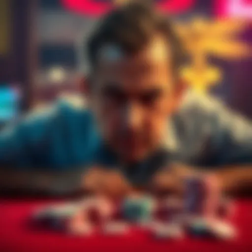 A worried man stares at empty gambling chips on a table, reflecting on his losses and seeking redemption for his family.