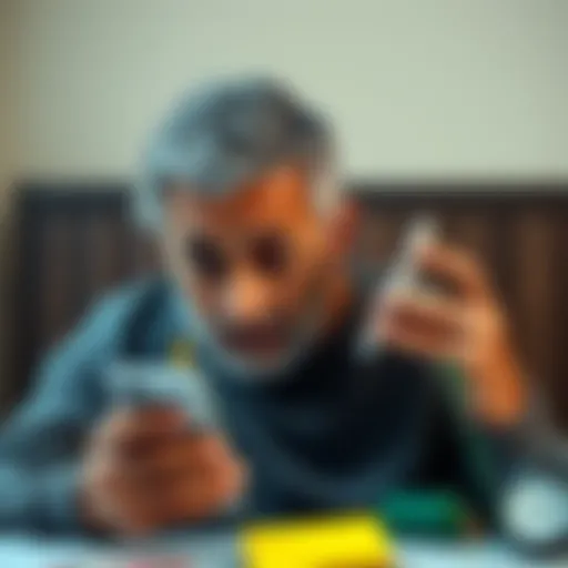 A worried father looks at a phone, searching for support regarding his son’s gambling addiction. He appears distressed and hopeful.